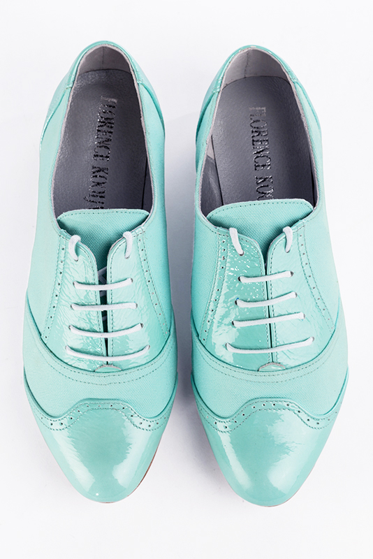 Aquamarine blue women's fashion lace-up shoes. Round toe. Flat leather soles. Top view - Florence KOOIJMAN